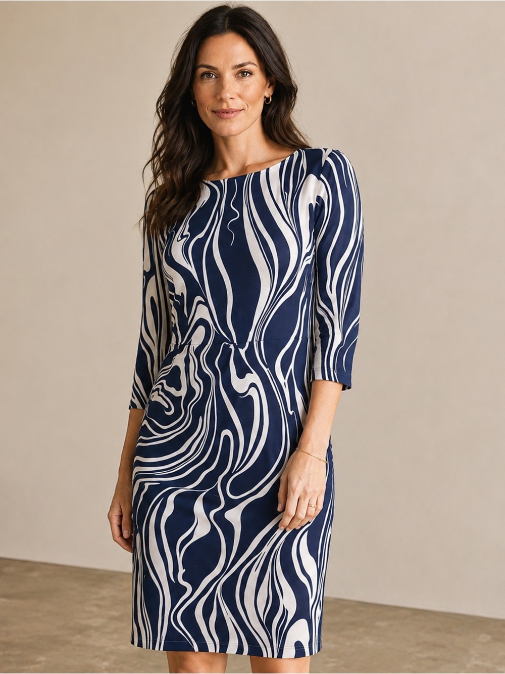 McLaughlin Sophia Catalina Cloth Dress Navy White Marbled Ruched Stretch Medium